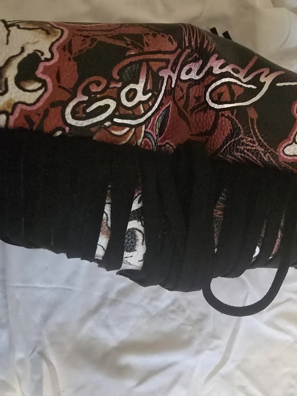 Ed Hardy Black Shoulder Hobo with Pink & Red Floral Skull Print and Fringe